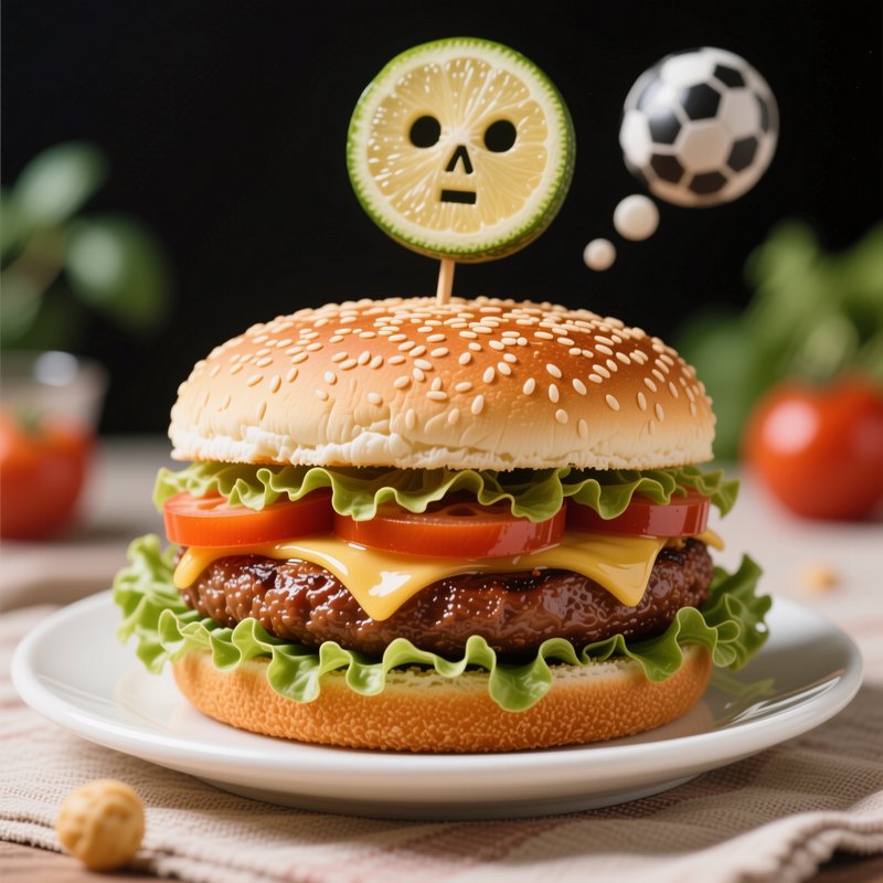 Sesame seed cheeseburger topped with a skull-carved lime slice and floating soccer ball thought b...