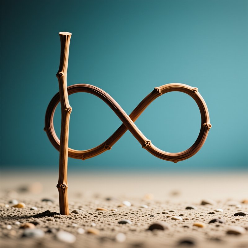 Twig shaped into an infinity symbol flag stands in pebbly sand against a soft teal background