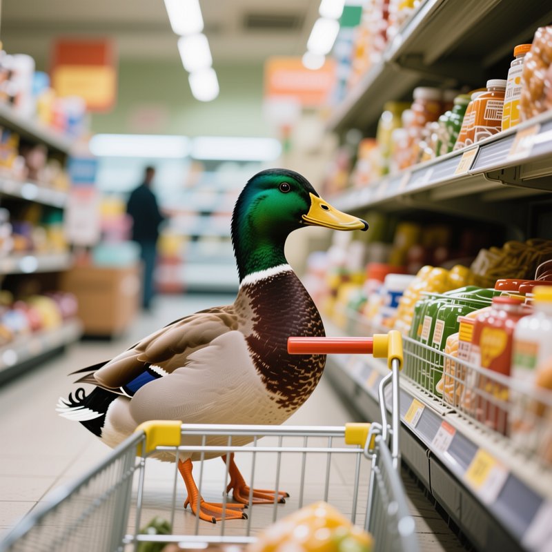 Male mallard duck standing inside a small shopping cart in a grocery store aisle