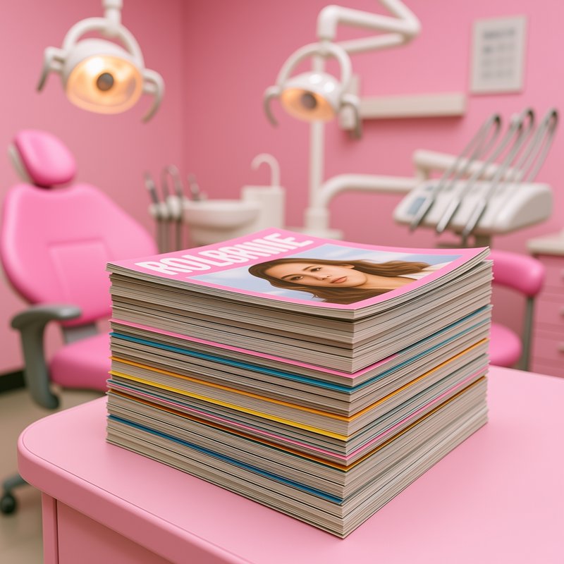 Tall stack of glossy fashion magazines rests on a pink table in a pastel pink dental office
