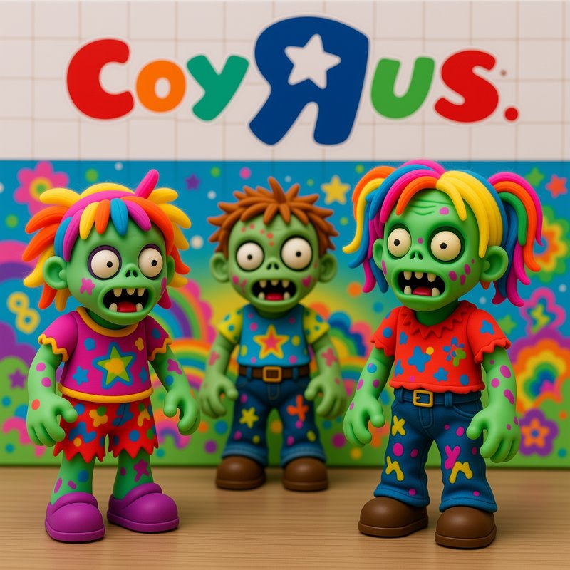 Three bright rainbow-themed cute zombie figurines stand on a shelf in front of a parody toy store backdrop
