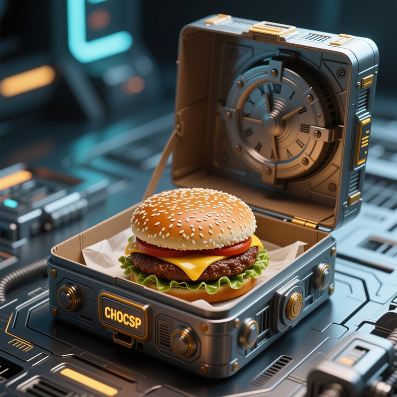 Fresh sesame seed cheeseburger sitting inside an open futuristic metal case on a sci-fi control panel