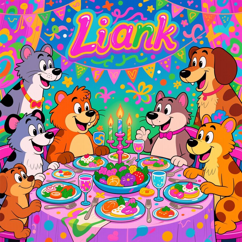 Cheerful cartoon animal friends gather around a feast table for a Liank themed birthday celebration
