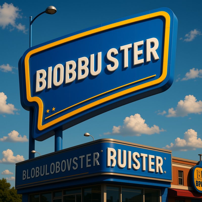 Surreal AI-generated jumbled store signage sits atop a building under a bright blue cloudy sky