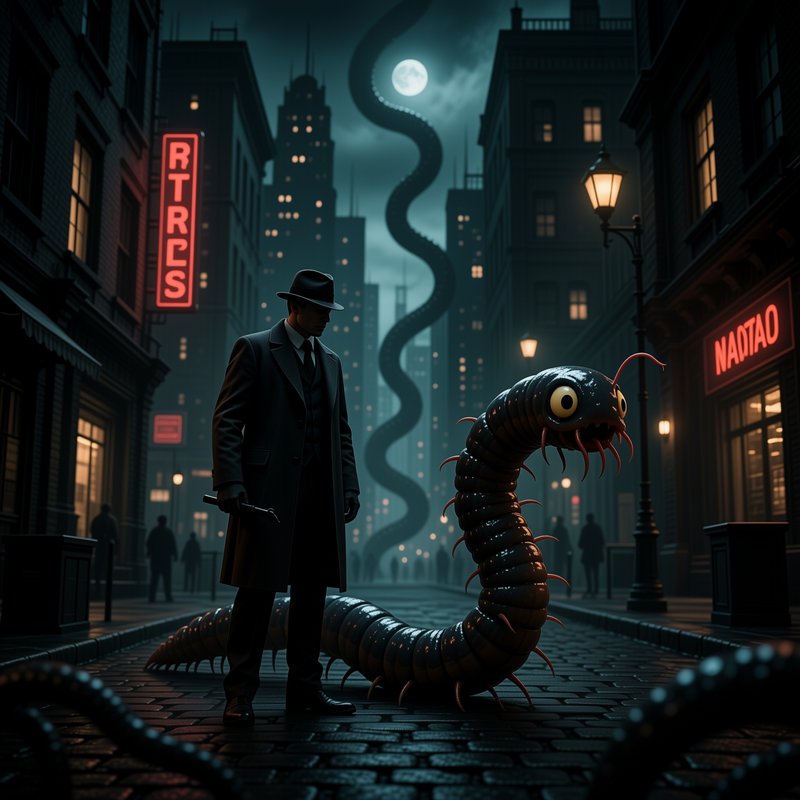 Noir detective stands beside a giant centipede monster on a foggy 1920s city street under a full moon