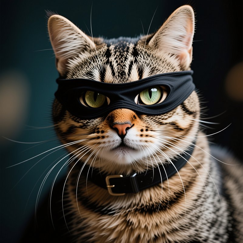 Tabby cat wearing a black eye mask and collar stares directly at the viewer