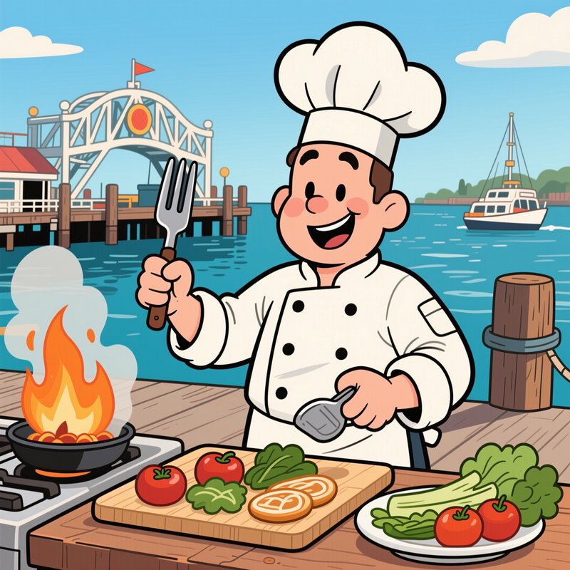 Cheerful cartoon chef preparing fresh food at an outdoor waterfront cooking station on a wooden pier
