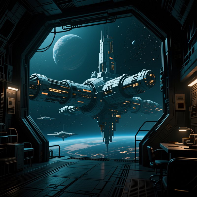 View from a space station observation deck overlooking orbiting starships and distant planets in deep space