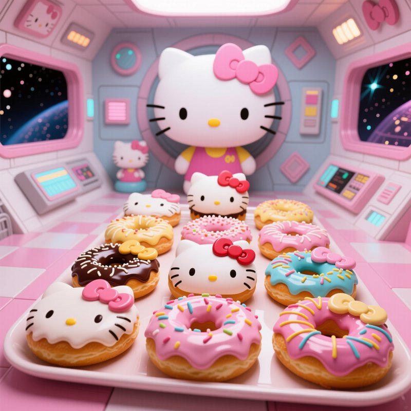 Hello Kitty themed donuts sit on a tray inside a pastel kawaii space station control room