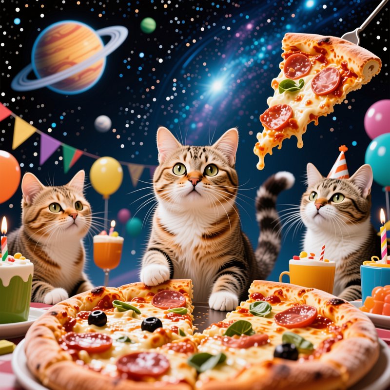 Three tabby cats attend a whimsical pizza party set against a glowing starry outer space backdrop