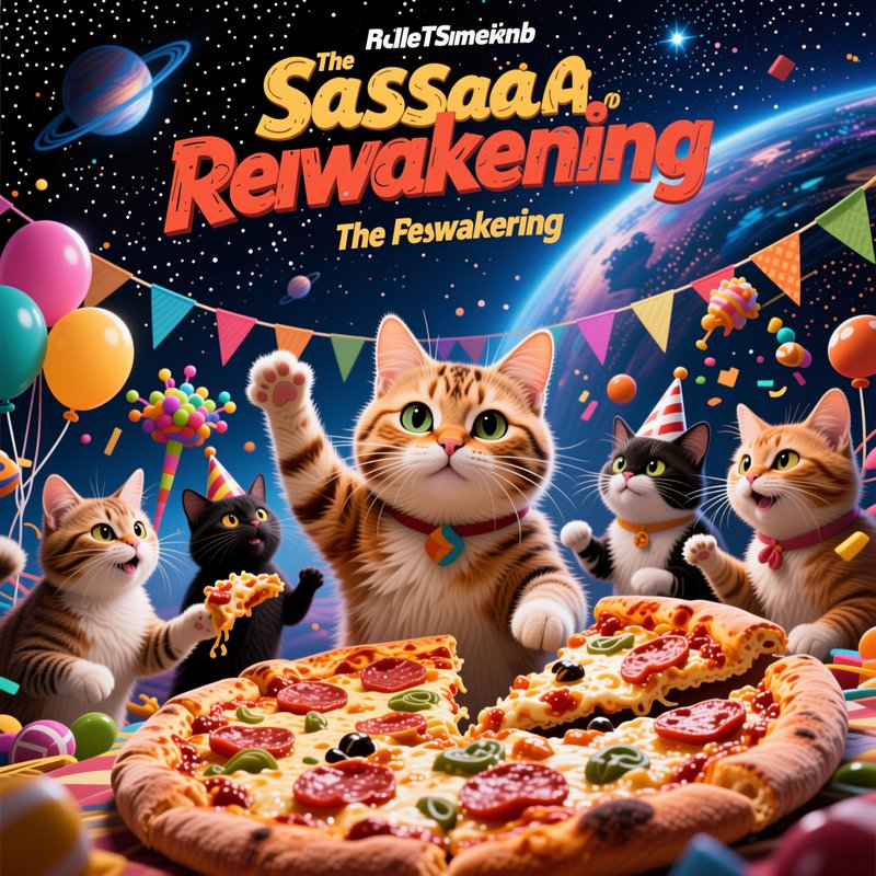 Group of cartoon cats celebrating a festive pizza party in outer space