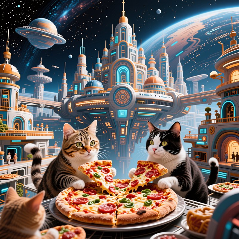 Two cats share pepperoni pizza overlooking a retro-futuristic space city under a starry sky