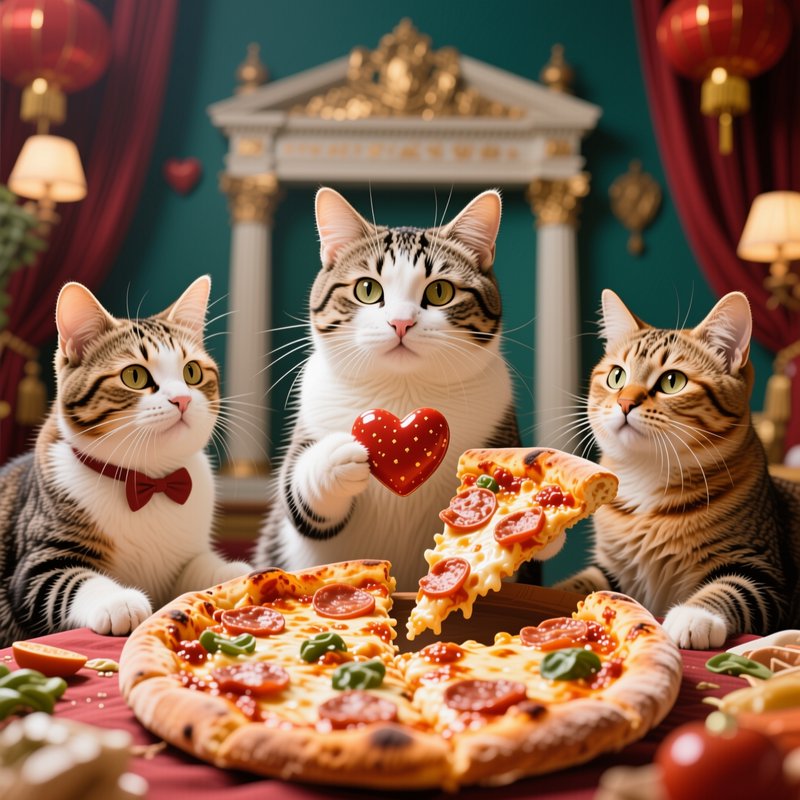 Three tabby cats gather around a pepperoni pizza, one holding a valentine heart and another a lif...