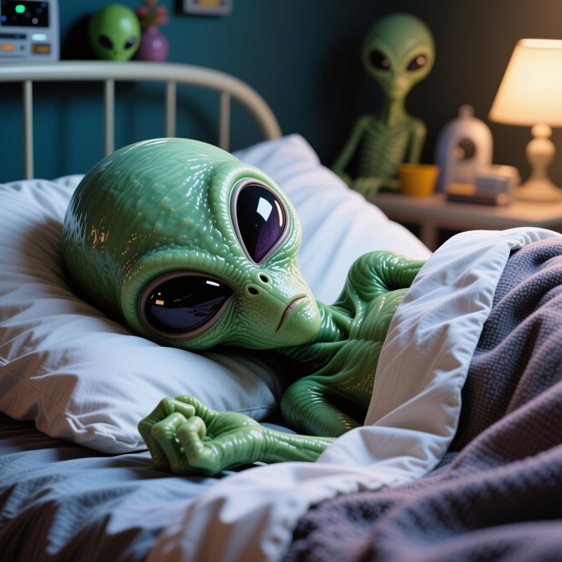 Large-eyed green alien patient rests in a hospital bed while a second alien observes from the bac...