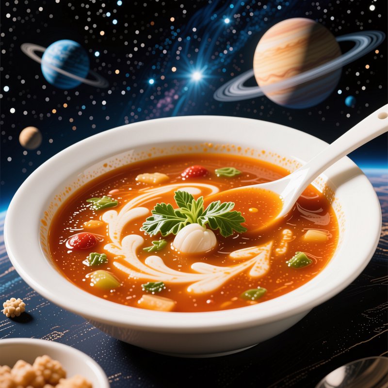 Garnished bowl of orange soup set against a starry outer space backdrop with ringed planets
