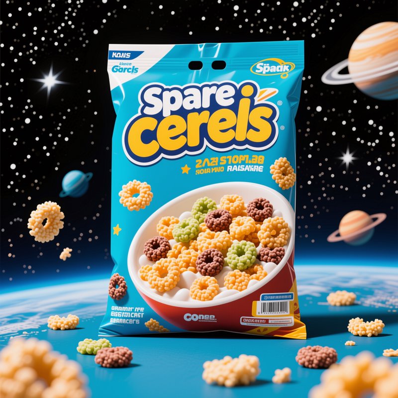 Surreal fictional breakfast cereal package set against a whimsical starry outer space backdrop