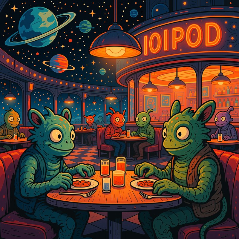 Friendly alien patrons dine at a retro futuristic space diner with starry planet views