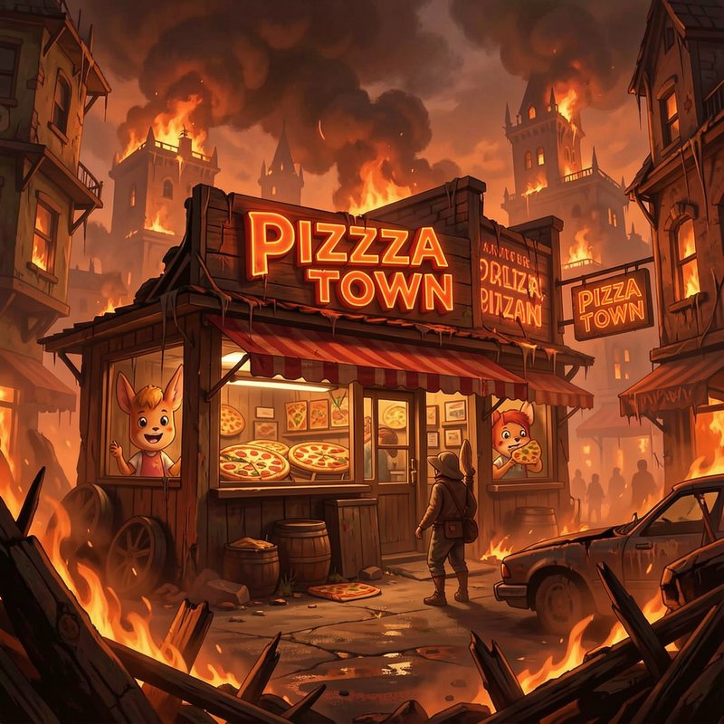 Glowing Pizza Town pizza stall with cute animal employees sits in a burning apocalyptic city street