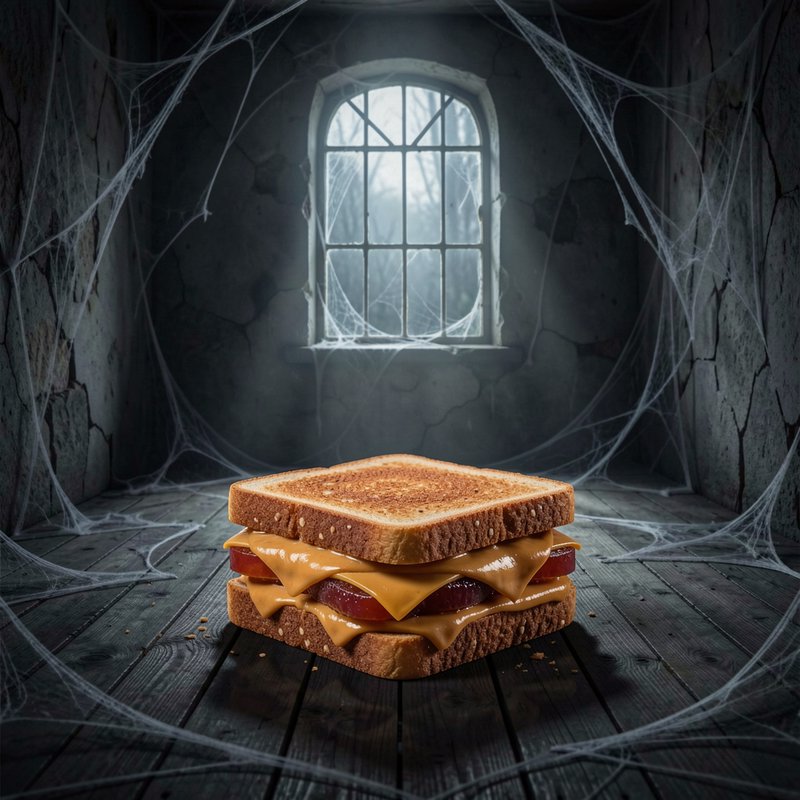 Oozing grilled cheese sandwich rests on the floor of a cobweb-covered spooky abandoned stone room