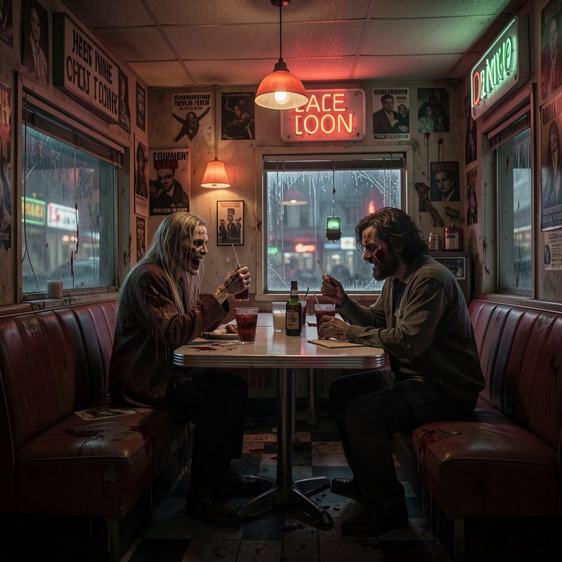 Two bloodied undead figures toast over drinks across a table in a grimy rainy vintage diner