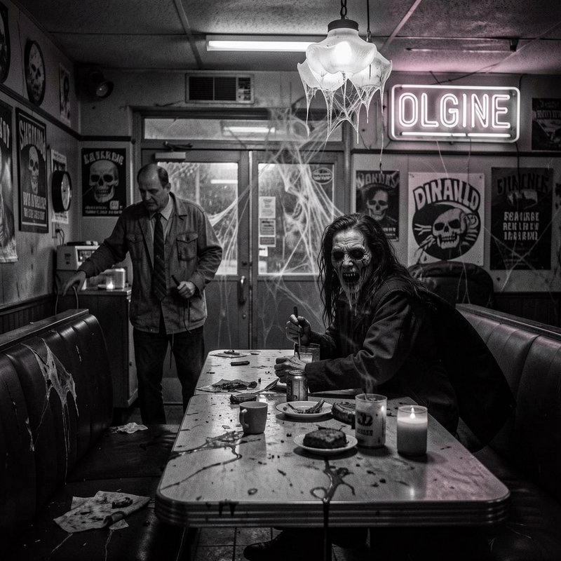 Undead zombie sits at a messy cobweb-covered abandoned diner table as a man stands nearby