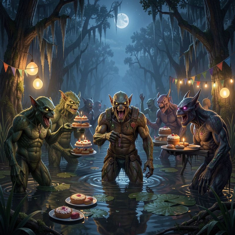 Muscular goblin and orc creatures host a festive party in a moonlit misty swamp with desserts and...