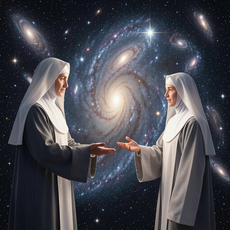 Two nuns with outstretched open hands face each other against a swirling cosmic galaxy backdrop