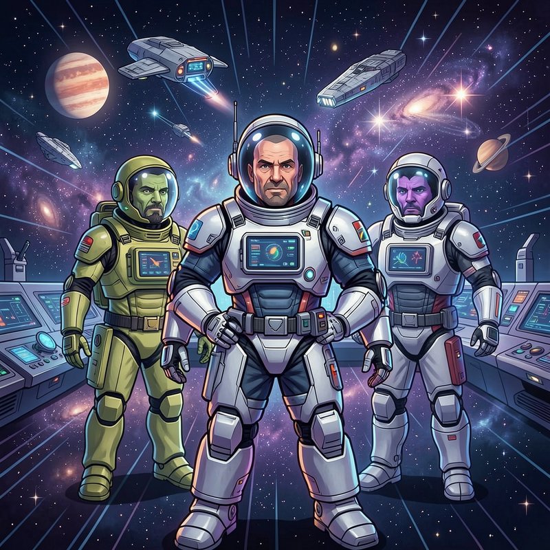 Three diverse human and alien space crew in armored spacesuits stand confidently on a starship co...
