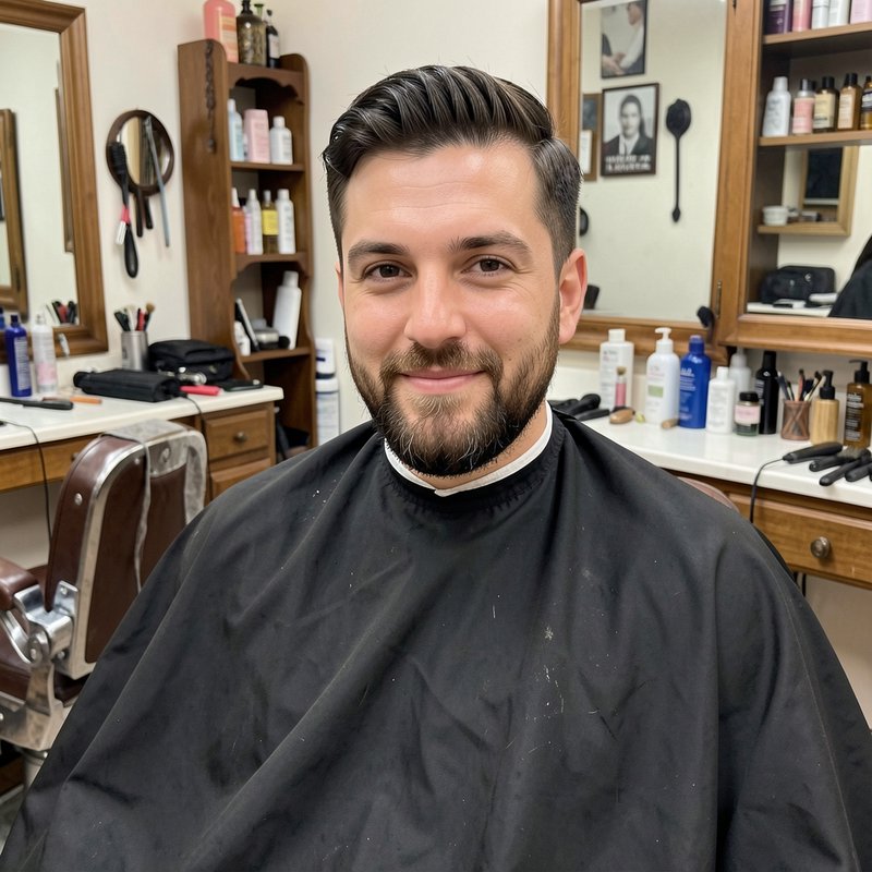 Smiling man with a fresh styled haircut and trimmed beard sits in a traditional barbershop wearin...