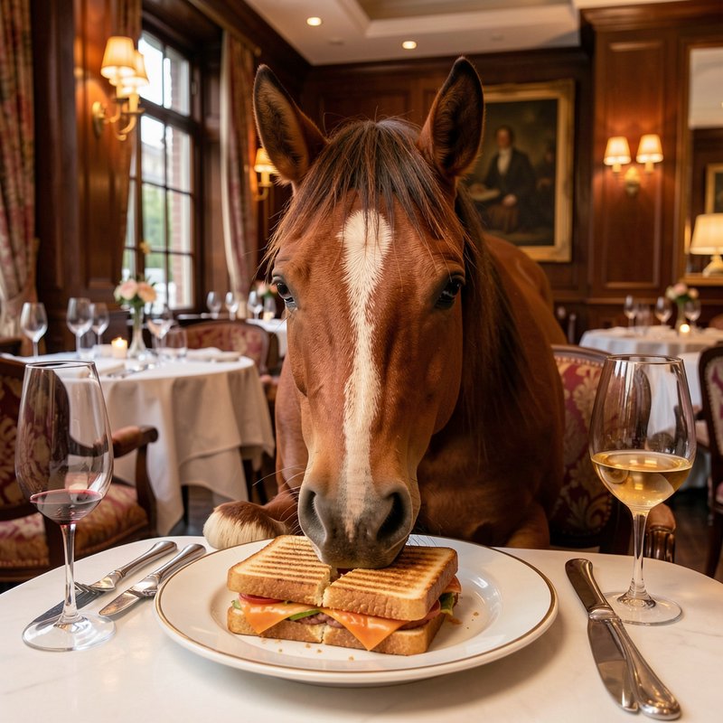 Chestnut horse leaning over a restaurant table to take a bite of a grilled panini sandwich