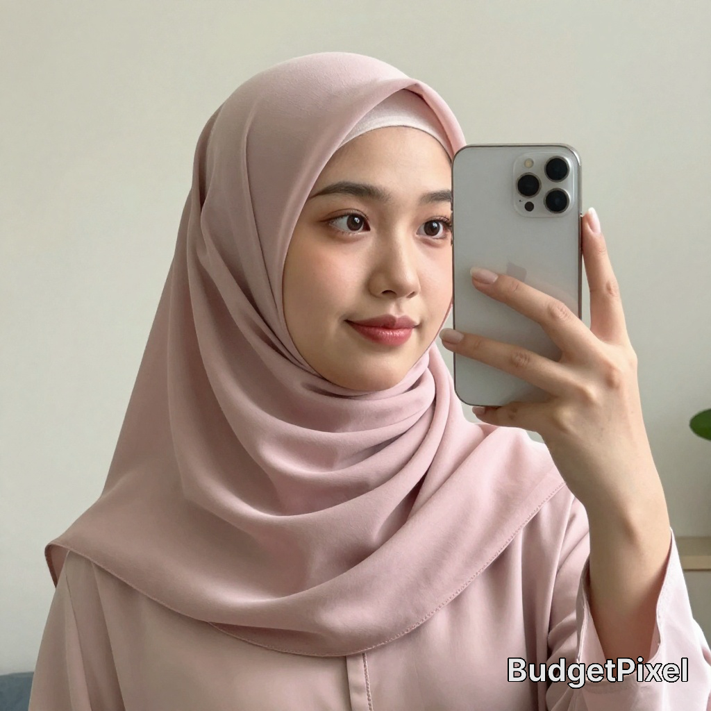 Woman in a soft pink hijab taking a mirror selfie with a smartphone.