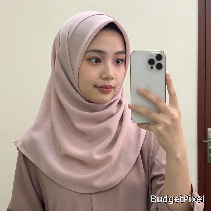 Woman wearing a soft pink hijab and matching outfit taking a mirror selfie with a smartphone.
