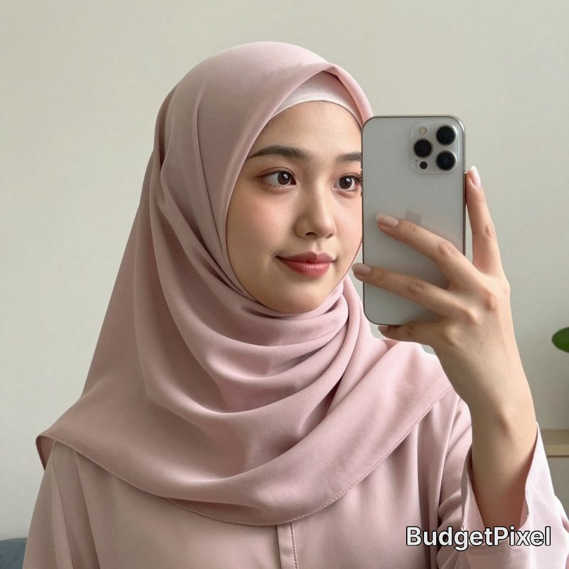 Woman in a soft pink hijab taking a mirror selfie with a smartphone.