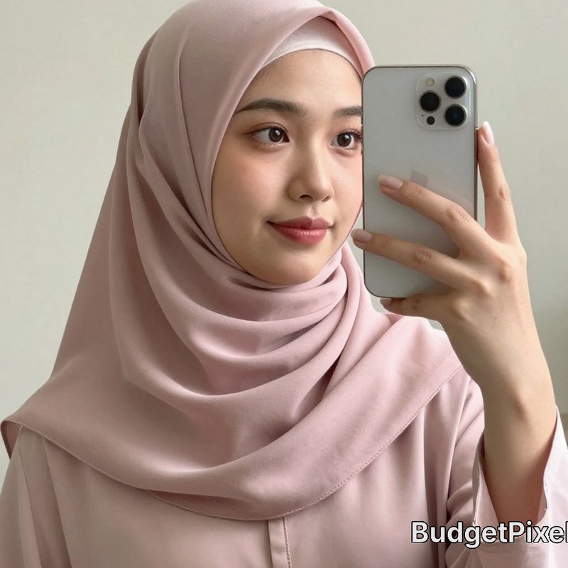 Young Muslim woman in a soft blush pink hijab takes a mirror selfie with a smartphone, smiling ge...