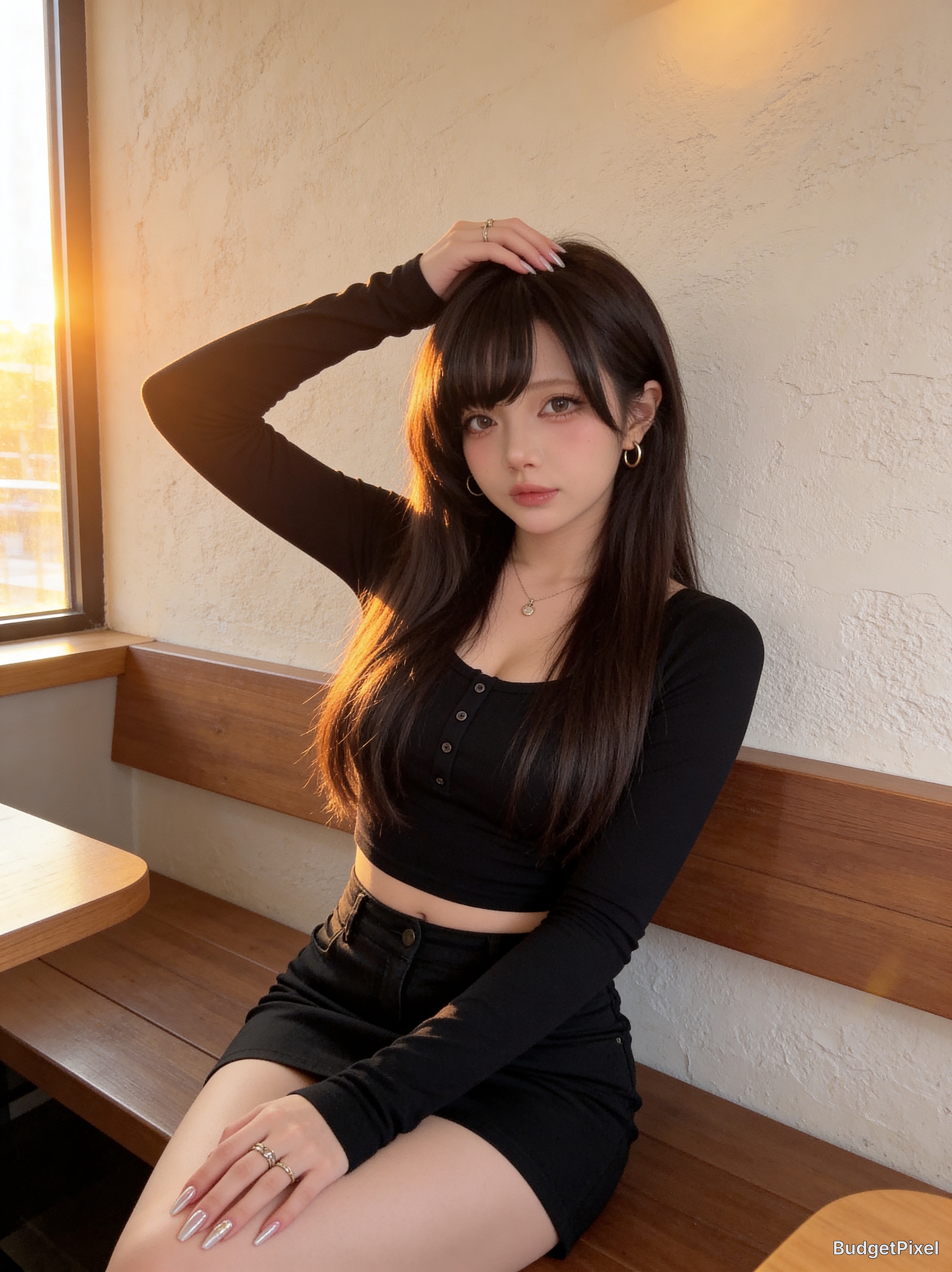 Young woman with long dark hair in a black crop top and mini skirt sitting on a wooden bench by a window.