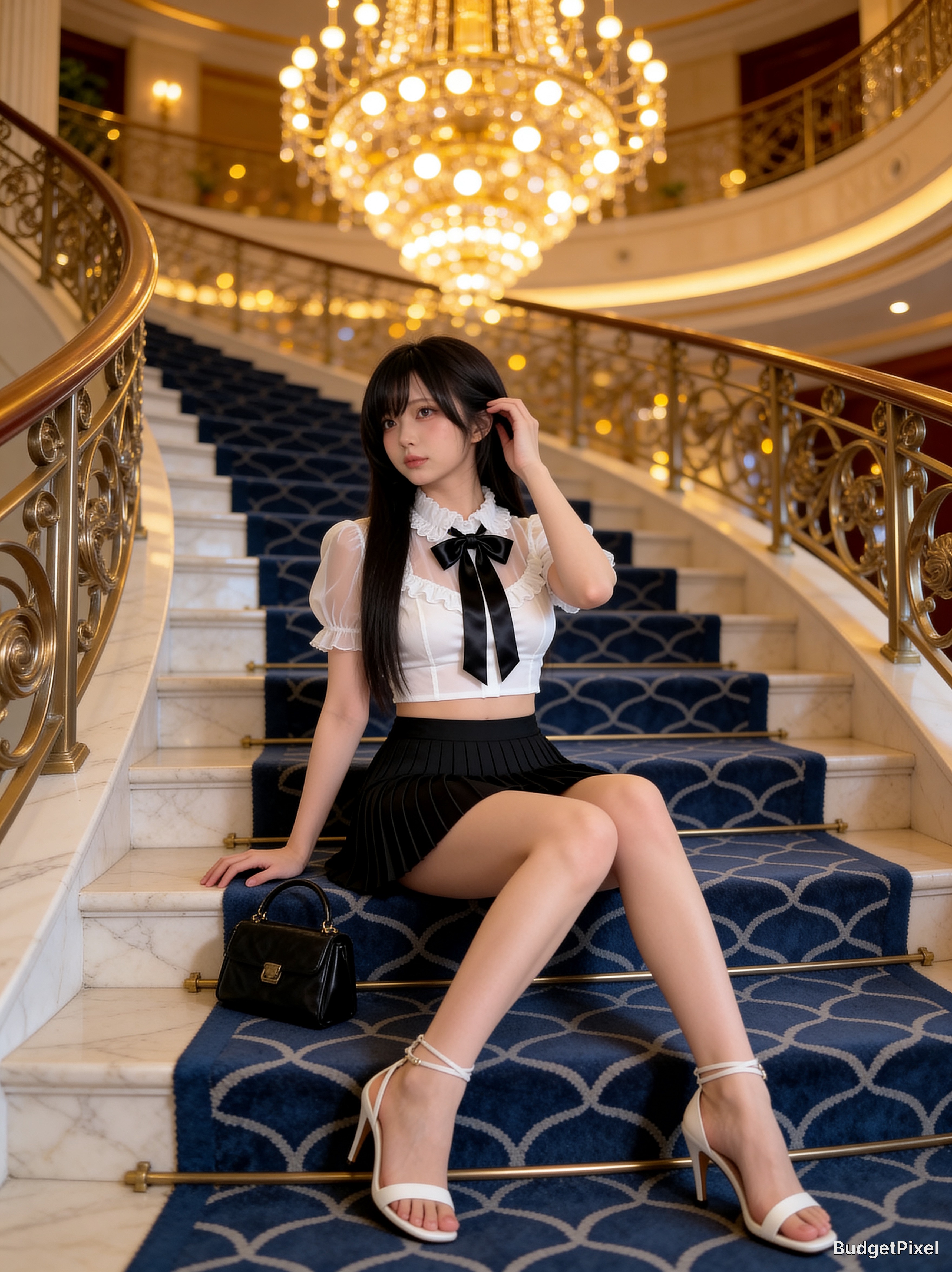 Young woman in a white blouse with a black bow and black pleated skirt sits on a grand staircase under a chandelier.