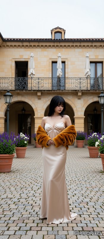 Woman in champagne satin evening gown with a brown fur stole in a stone courtyard with arches