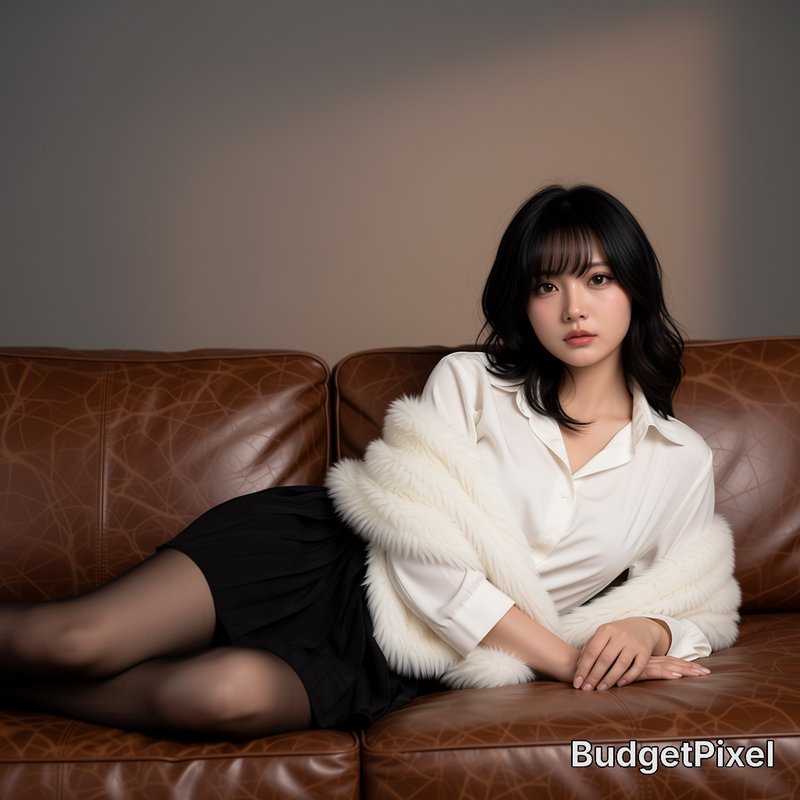 Woman lounging on a brown leather sofa in a white blouse and fluffy white wrap with a black skirt.