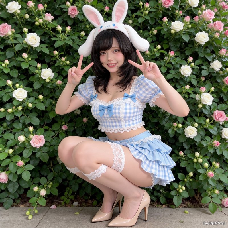 A young woman in a plush bunny-eared hat and pastel blue gingham cosplay posing in a rose garden.