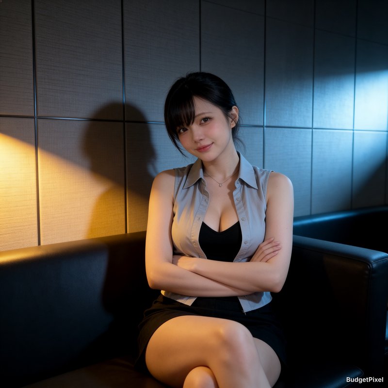Woman sitting on a black leather sofa in a modern lounge with warm and cool lighting.
