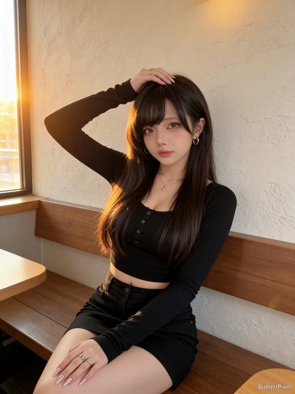 Young woman with long dark hair in a black crop top and mini skirt sitting on a wooden bench by a...