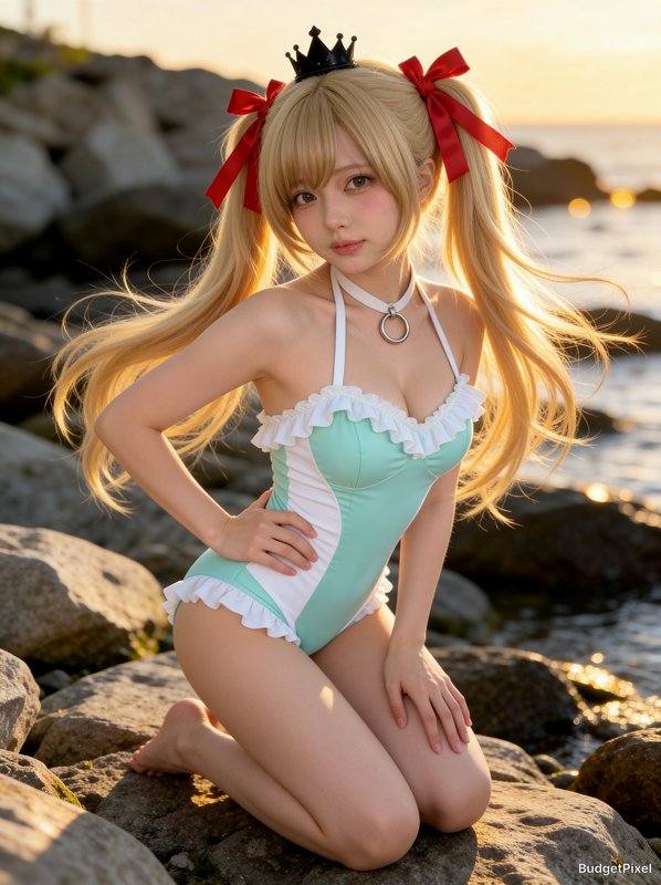 Cosplay model in mint swimsuit with blonde pigtails, red bows, and a crown on a rocky beach at su...