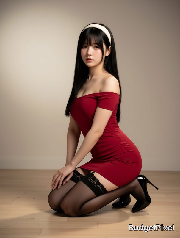 Young woman in a red off-shoulder dress kneeling on a wooden floor, wearing black thigh-high stoc...