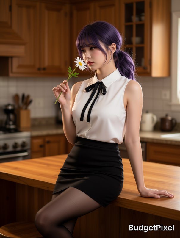 Young woman with purple hair in a white blouse and black skirt holding a daisy in a cozy kitchen.