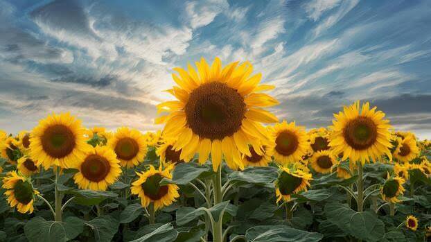 Lush field of bright golden sunflowers beneath a dramatic streaky blue sunset sky, with a large c...