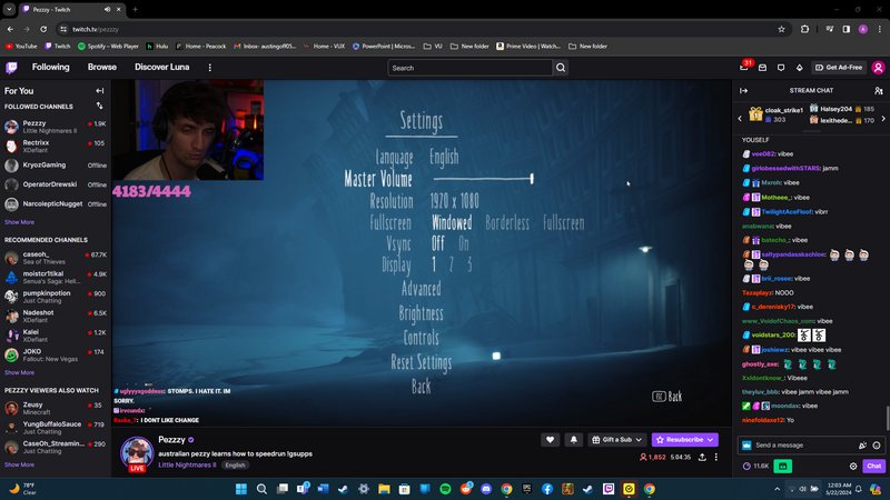 Live Twitch stream of creator Pezzzy streaming Little Nightmares II, with in-game settings open a...