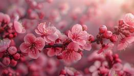 Close-up of delicate pink cherry blossom blooms on a branch, with soft sunlit blurred pastel boke...