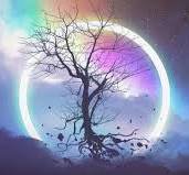 Silhouetted bare leafless tree centered inside a glowing iridescent circular halo against a soft ...
