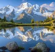 Snow-capped alpine peaks reflected in the calm, clear waters of a high elevation mountain lake un...