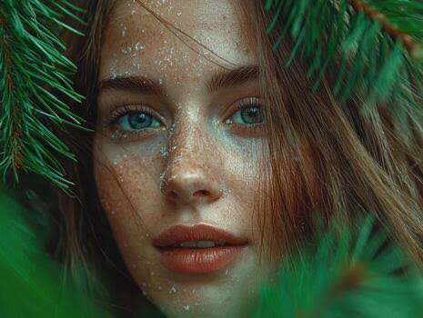 Close-up portrait of a freckled blue-eyed woman dusted with snow, framed by lush green pine tree ...
